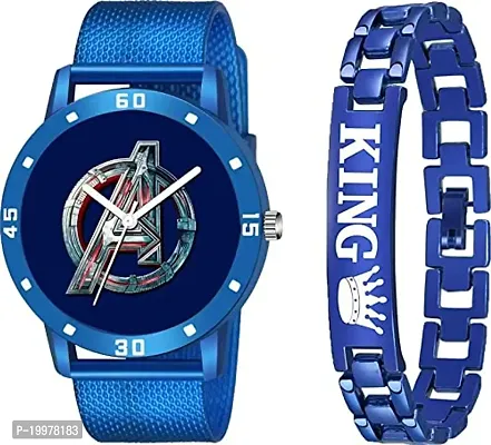 Kiarvi Gallery Analogue Avenger Print Dial PU Strap and King Bracelet Combo for Boys and Men's Watches(Combo of 2) (Blue)