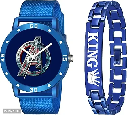 Kiarvi Gallery Analogue Avenger Print Dial PU Strap and King Bracelet Combo for Boys and Men's Watches(Combo of 2) (Blue)-thumb0