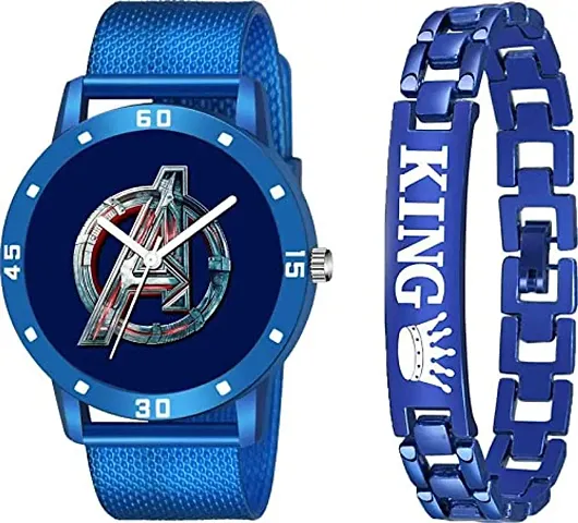 Kiarvi Gallery Analogue Avenger Print Dial PU Strap and King Bracelet Combo for Boys and Men's Watches(Combo of 2) (Blue)