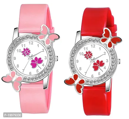KIARVI GALLERY Analogue Butterfly Flower Design Dial PU Strap Analog Girl's and Women's Watch (Red,Pink-Pack of 2)