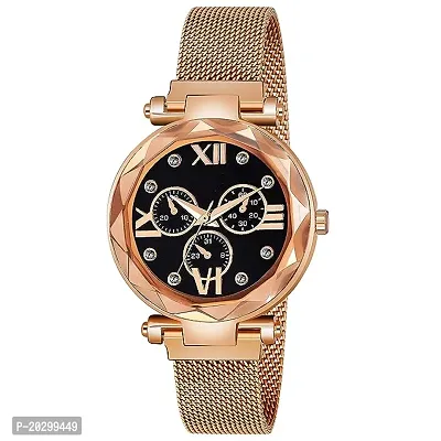 Kiarvi Gallery Black Dial Rose Gold Designer Magnetic Metal Strap Analog Girl S And Women S Watch