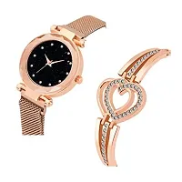 KIARVI GALLERY Rose Gold 12 Dimond Dial Magnet Strap Analog Watch and Diamond Studded Rose Gold Bracelet Combo for Girl's and Women-thumb1