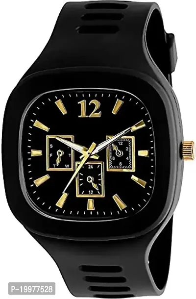 KIARVI GALLERY Squire Dial Silicone Strap Analogue Watch for Men and Boy (Black Colored, Black Strap) (Black)-thumb0