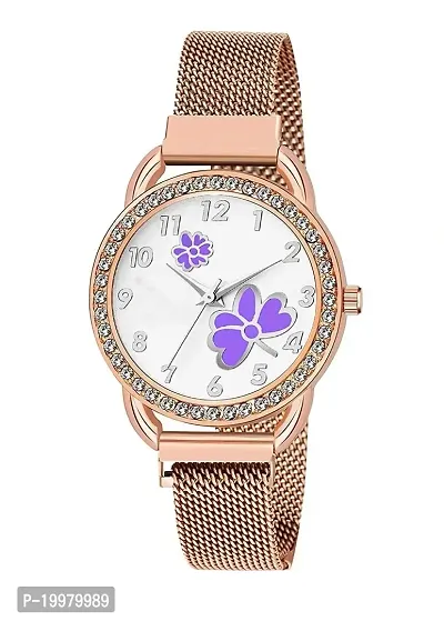 KIARVI GALLERY Casual Analogue Flower Printed Dial Full Diamond Designer Magnetic Metal Strap Analog Girl's and Women's Watch (Rose Gold Colored Strap) (Rose Gold-Purple)