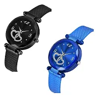 KIARVI GALLERY Black and Rose Gold Heart Dial Designer PU Strap Analog Watch for Girl's and Women (Pack of 2) (Black Gold) (Black-Blue)-thumb1