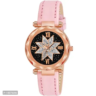 KIARVI GALLERY Analogue Star Flower Designer Dial Leather Strap Watch for Girls and Women(Black) (Pink)