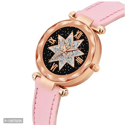 KIARVI GALLERY Analogue Star Flower Designer Dial Leather Strap Watch for Girls and Women(Black) (Pink)-thumb2