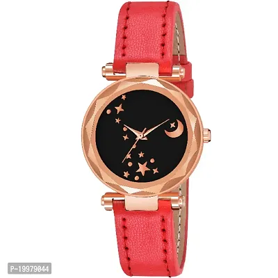 KIARVI GALLERY Analogue Moon Designer Dial Leather Strap Watch for Girls and Women(Peach) (Red)