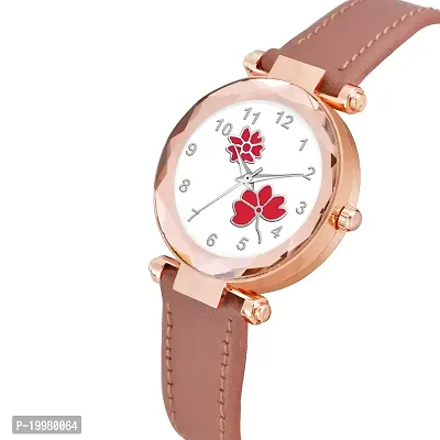 KIARVI GALLERY Analogue Flower Designer Leather Strap Women's and Girl's Watch (Peach-Red)-thumb2