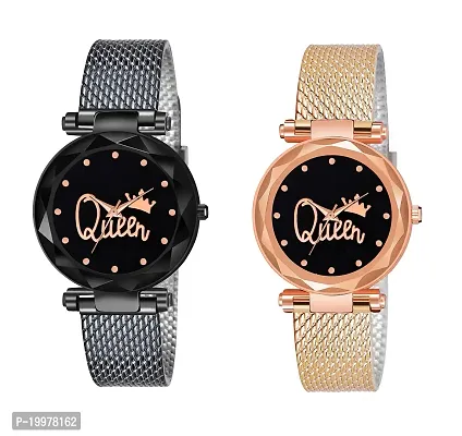 KIARVI GALLERY Clausal Analog Pack of 2 Combo PU Belt Analog Watches for Girls and Women (Pack of 2) (Black-Gold-Queen)