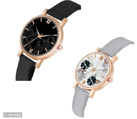 KIARVI GALLERY Analogue Pack of 2 Flower Designer Dial Leather Strap Women's and Girl's Watch (Black-Grey)-thumb2