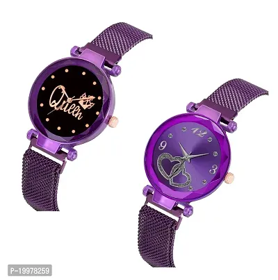 KIARVI GALLERY Purple Queen and Heart Dial Combo Magnetic Strap Analogue Watches for Girl's and Women (Pack of 2) (Silver Colored, Black and Silver Dial)-thumb2