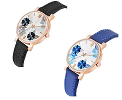 KIARVI GALLERY Analogue Flowered Dial Unique Designer Leather Strap Women's and Girl's Watch (Blue-Black)-thumb1