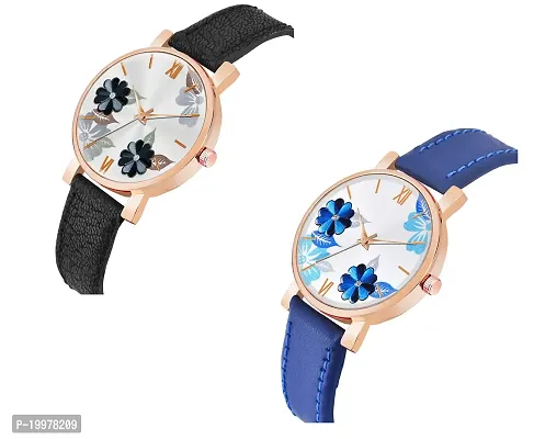 KIARVI GALLERY Analogue Flowered Dial Unique Designer Leather Strap Women's and Girl's Watch (Blue-Black)-thumb2