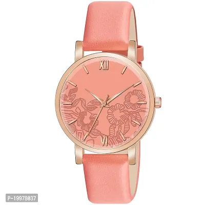 KIARVI GALLERY Analogue Flower Dial Unique Designer Leather Strap Women's and Girl's Watch (Peach)-thumb0