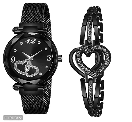 KIARVI GALLERY Heart Dial Magnet Strap Analog Watch and Dual Heart Present Gift Bracelet Combo for Girl's and Women(Combo of 2) (Black)
