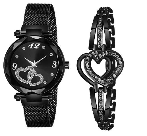 KIARVI GALLERY Casual Analogue Heart Dial Magnet Strap Analog Watch and Dual Heart Present Gift Bracelet Combo for Girl's and Women(Combo of 2)