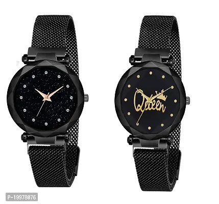 KIARVI GALLERY Queen Dial and Black 12 Dimond Magnet Strep Analog Combo Watch for Girls and Women(Pack of 2)