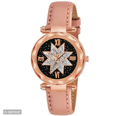 KIARVI GALLERY Analogue Star Flower Designer Dial Leather Strap Watch for Girls and Women(Black) (Peach)