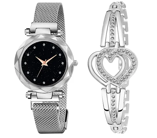 KIARVI GALLERY 12 Diamond Dial Magnet Strap Analog Watch and Diamond Studded Bracelet Combo for Girl's and Women(Silver Color and Strap)