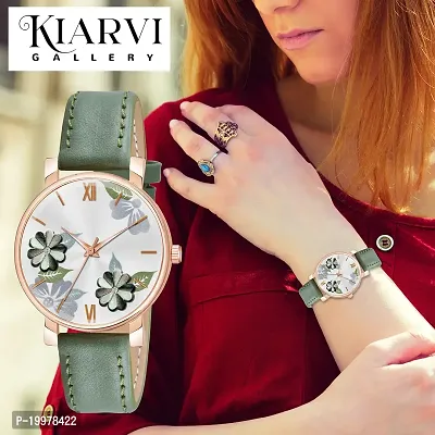 KIARVI GALLERY Analogue Flowered Dial Unique Designer Leather Strap Women's and Girl's Watch(Green)-thumb5