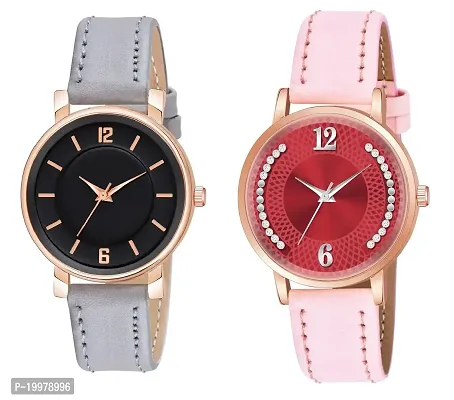 KIROH Analog Round Dial Designer Premium Leather Strap Analog Watch for Girls  Women(GRN-GRN) (Grey-Pink)