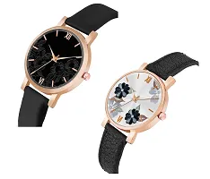 KIARVI GALLERY Analogue Pack of 2 Flower Designer Dial Leather Strap Women's and Girl's Watch (Black)-thumb1