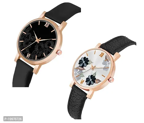 KIARVI GALLERY Analogue Pack of 2 Flower Designer Dial Leather Strap Women's and Girl's Watch (Black)-thumb2