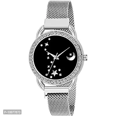 KIARVI GALLERY Clausal Moon Star Dial Designer Silver Magnet Strap Analog Watch for Girl's and Women(Black Dial, Silver Colored)-thumb0