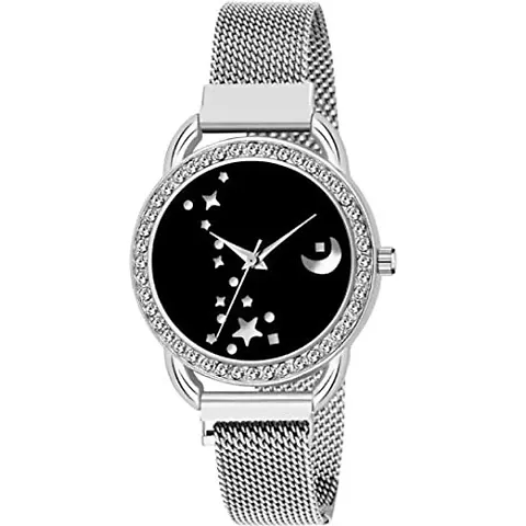 KIARVI GALLERY Clausal Moon Star Dial Designer Magnet Strap Analog Watch for Girl's and Women(Black Dial, Colored)