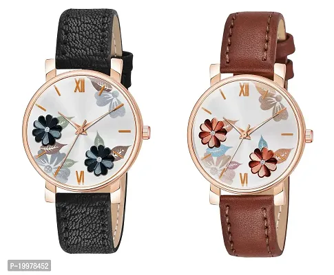 KIARVI GALLERY Analogue Flowered Dial Unique Designer Leather Strap Women's and Girl's Watch (Black- Brown)-thumb0