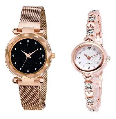 KIARVI GALLERY 12 Diamond Magnet Strap and Diamond Studded Bracelet Combo Analog Watch for Girl's and Women (Pack of 2)