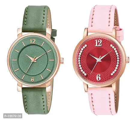 KIROH Analog Round Dial Designer Premium Leather Strap Analog Watch for Girls  Women(GRN-GRN) (Green-Pink)