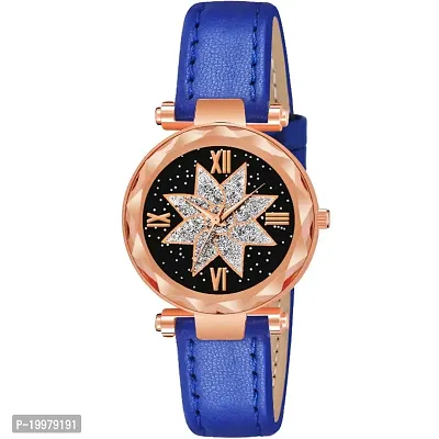 KIARVI GALLERY Analogue Star Flower Designer Dial Leather Strap Watch for Girls and Women(Black) (Blue)