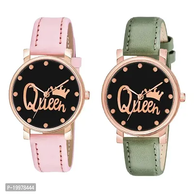 KIARVI GALLERY Analogue Queen Designer Dial Leather Strap Combo Watch for Girls and Women(Blue-Brown) (Pink-Green)-thumb0