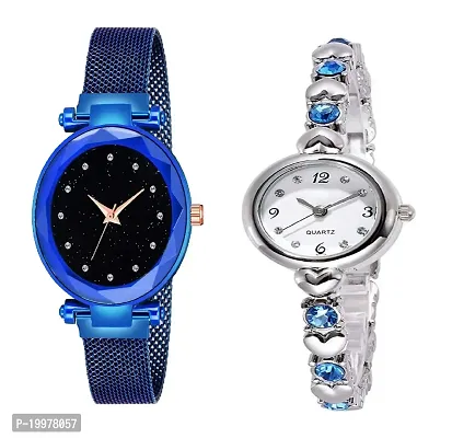 KIARVI GALLERY Blue 12 Diamond Magnet Strap and Diamond Studded Silver Bracelet Combo Analog Watch for Girl's and Women (Pack of 2)