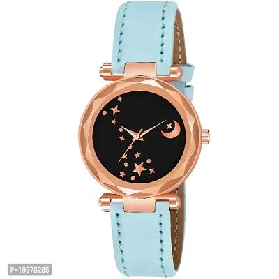 KIARVI GALLERY Analogue Moon Designer Dial Leather Strap Watch for Girls and Women(Peach) (Sky-Blue)-thumb0