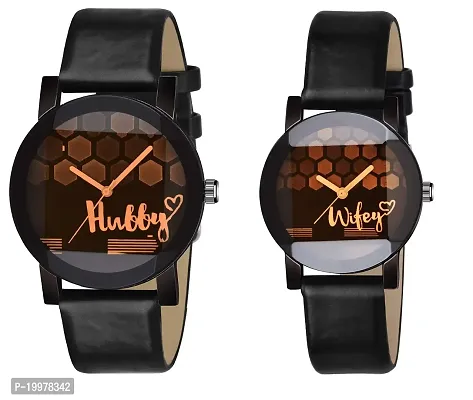 KIROHreg; Hubby and Wifey Printed Dial Leather Strap Analogue Men's  Women's Couple Watch (Pack of 2)