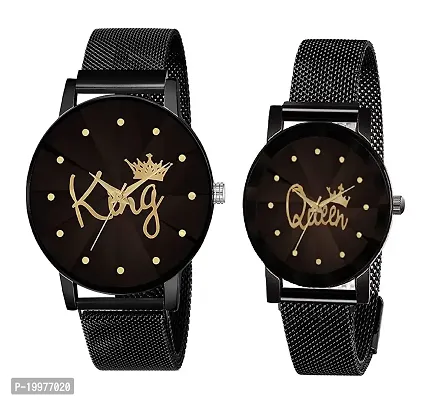 KIARVI GALLERY Causal Lovers Couples Unique Design Magnetic Metal Strap Analog Men's and Women's Watch(Pack of 2) (Black)-thumb0