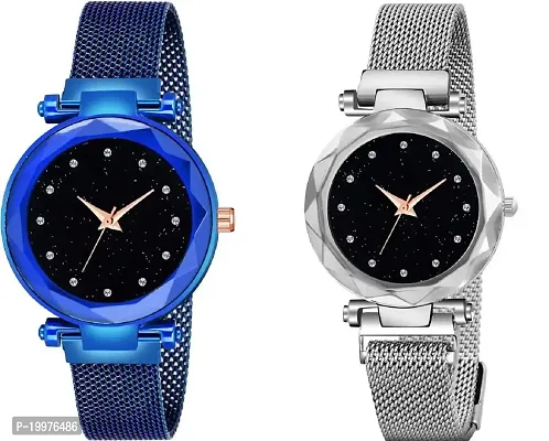 Kiarvi Gallery Black dial 12 Diamond Studded with Blue and Silver Magnetic Strap Analog Watch - for Girls Analog Watch - for Girls