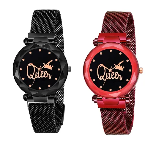 KIARVI GALLERY Casual Analogue Queen Dial Magnetic Strap Analog Watch for Girl's and Women (Pack of 2)