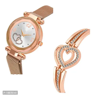 KIARVI GALLERY Rose Gold Heart Dial Magnet Strap Analog Watch and Diamond Studded Rose Gold Bracelet Combo for Girl's and Women-thumb2