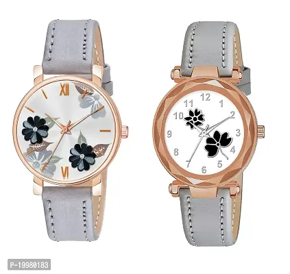 KIARVI GALLERY Analogue Pack of 2 Multicolored Flower Designer Leather Strap Women's and Girl's Watch (Grey-F)