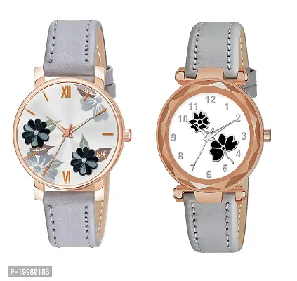 KIARVI GALLERY Analogue Pack of 2 Multicolored Flower Designer Leather Strap Women's and Girl's Watch (Grey-F)-thumb0