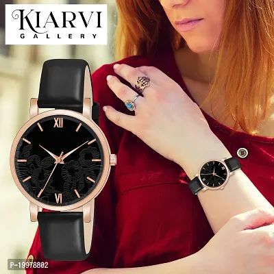 KIARVI GALLERY Analogue Flower Dial Unique Designer Leather Strap Women's and Girl's Watch (Black)-thumb5