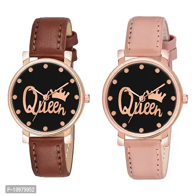 KIARVI GALLERY Analogue Queen Designer Dial Leather Strap Combo Watch for Girls and Women(Blue-Brown) (Brown-Peach)