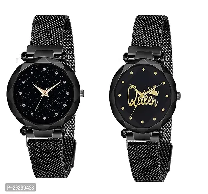 Kiarvi Gallery Queen Dial And Black 12 Dimond Magnet Strep Analog Combo Watch For Girls And Women Pack Of 2