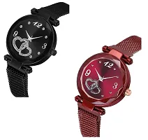 KIARVI GALLERY Black and Red Heart Dial Designer with Magnetic Metal Strap Analog Watch for Girl's and Women (Pack of 2) (Black and Red)-thumb1