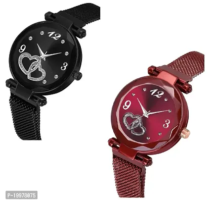 KIARVI GALLERY Black and Red Heart Dial Designer with Magnetic Metal Strap Analog Watch for Girl's and Women (Pack of 2) (Black and Red)-thumb2