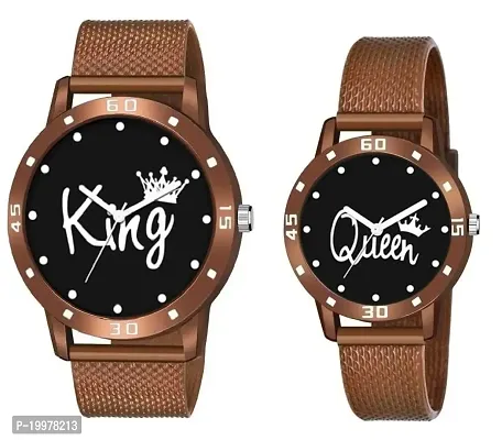 KIARVI GALLERY Analogue Lovers Couple King and Queen Dial PU Strap Men's and Women's Couple Watch(Combo, Pack of 2) (Brown-2)-thumb0